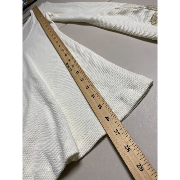 Free People Heart on Sleeve Thermal Knit Top Sz Medium Cream Lace Beaded Floral - Picture 5 of 16